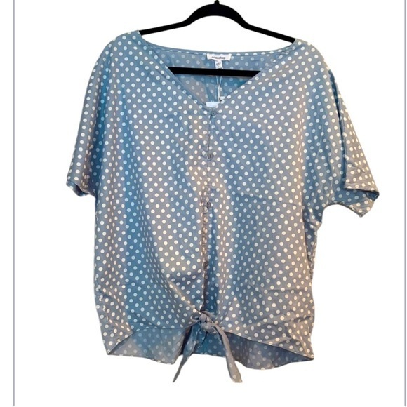 NWT MIttoshop blue & White Polka Dot Cottagecore Tie Crop Top Size Large - Picture 1 of 15